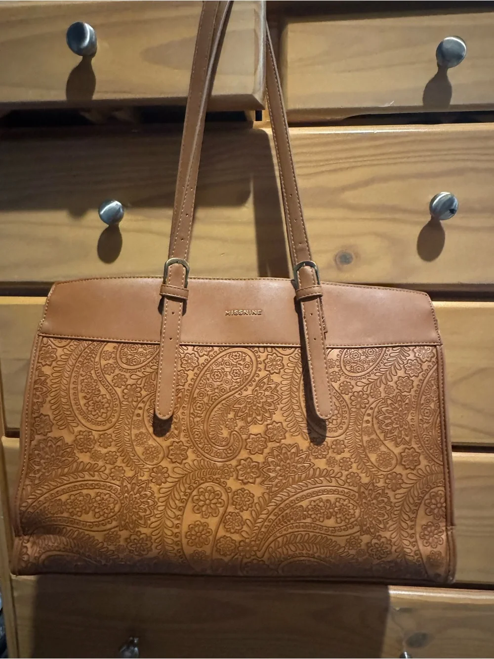 Missnine Tan Embossed Leather Tote Bag